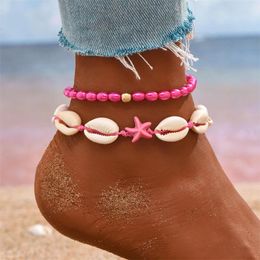 Anklets Vintage Colourful Beads Shell Anklet For Women Summer Beach Starfish Charm Ankle Bracelet On The Leg Handmade Fashion Jewellery