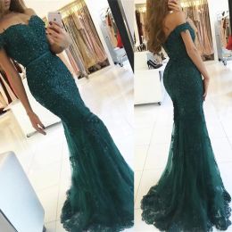Dresses OfftheShoulder Appliques Lace Charming DarkGreen Mermaid 2019 Evening Dress Crystals with Thin Belt Prom Dress vestido formatur