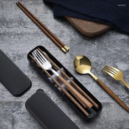 Dinnerware Sets Stainless Steel Glossy Silver Wooden Tableware Chopsticks Spoon Set Western Knife Fork Teaspoon Cutler