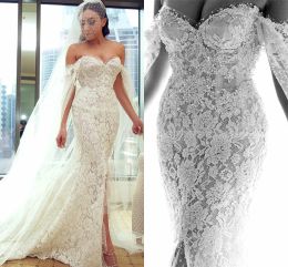 Dresses Boho Full Lace Wedding Dresses With Wraps Beads Off The Shoulder Beads Pearls Side Split Beach Dress Sweet Train Bridal Gowns