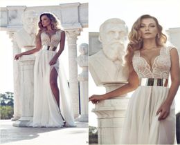 Exquisite Beading Julie Vino In Stock Wedding Dresses Ivory VNeck Gold Belt ALine Side Slit Floorlength Chiffon Bridal Gowns4861723