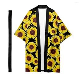 Ethnic Clothing Men's Japanese Traditional Long Kimono Women's Sunflower Pattern Shirt Fashion Cardigan Yukata Jacket
