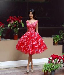 Lovely Red Short Prom Dresses Charming Off Shoulder Floral Appliques Puffy Knee Length Party Dress 2017 Custom Made Pretty Mini Ev1570944