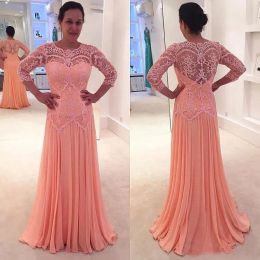 Dresses Hot Selling Sweep Train Coral 3/4 Long Sleeves Mother of the Bride Dresses with Lace Appliques for Wedding Party Mermaid Dress