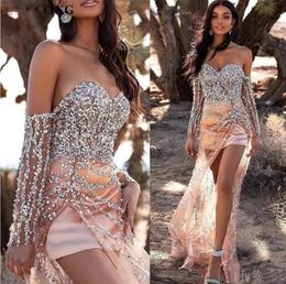 2020 Sexy African Beaded HiLo Prom Dresses with Slit Sequined Off Shoulder Long Sleeve Black Girls Graduation Dress Evening Gowns3704294