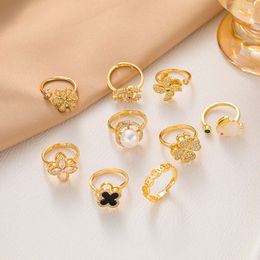 Hot Selling Rotatable and Adjustable Copper Plated Genuine Gold Clover Ring for Women's Instagram Style Fashionable Versatile Ring Light Luxury Jewelry