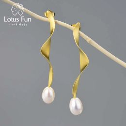 Earrings Lotus Fun Natural Pearl 18K Gold Long Wave Twisted Dangle Earrings For Women Real 925 Sterling Silver Fashion Luxury Jewellery