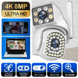 Cameras 5G 8MP Wifi IP Camera PTZ 8X Zoom Dual Lens Security Surveillance Cameras Outdoor Waterproof Colour Human Detection Night Vision