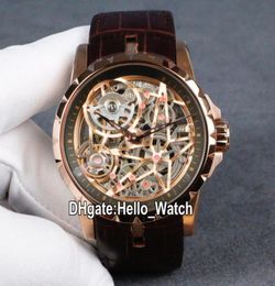 New Excalibur Automatic Tourbillon RDDBEX0422 Mens Watch Gold Skeleton Dial Rose Gold Case Brown Leather Strap Gents Watches Hello5748529