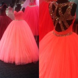 Dresses Spaghetti Straps Unique Cross Back Design Tulle Coral Quinceanera Dresses Ball Gowns Crystal Beading Sexy 16 Dresses