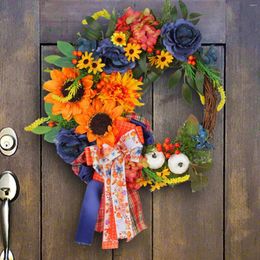 Decorative Flowers Blue Sunflower Wreath Door Hanging Simulation Rattan Ring Battery Operated Lighted