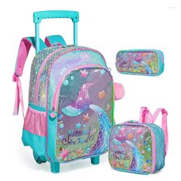 School Bags Kids Roller 17 Inch Sequin Rolling Backpack For Girls Travel Luggage Handbag Suitcase