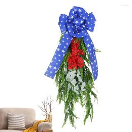 Decorative Flowers Patriotic Teardrop Swag Memorial Day Door Wreath July 4Th Artificial Flower Decorations With Red White And Blue Stars