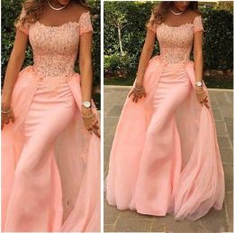 Dresses Modern Offtheshoulder Mermaid Tulle Evening Dress Floorlength Lace Applique Short Sleeves Peach Prom Dress robe de bal princess