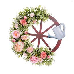 Decorative Flowers Spring Wreath Artificial Peony And Wheel 18x19.6inch Summer Decoration Handmade For Window Front Porch Versatile