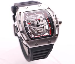 Fashion BOYUHENG Quartz Baterry 43MM Silver Skull Skeleton Dial Mens Watches Tonneau Case Shape Transaparent Back Two Red Hands Wr1900937