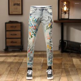 Men's Jeans High Street Fashion Men Retro Washed Blue Stretch Skinny Fit Ripped Printed Designer Hip Hop Denim Pencil Pants