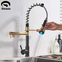 Shinesia LED Gourmet Faucet Kitchen Deck Mounted Gold Black Water Mixer Tap Dual Spout Sprayer 240325