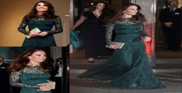 Kate Middleton Full Lace Women Evening Dresses Fitted Long Sleeves Sheer Bateau Neck Floor Length Hunter Green Formal Celebrity Go6562800