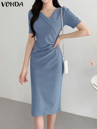 VONDA Summer Dress 2024 Elegant Women Sexy Short Sleeve Solid Colour Midi Sundress Bohemian Casual Vestido Robe Femme 240325