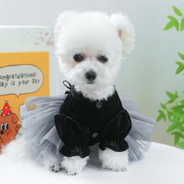 Dog Apparel 1PC Pet Clothing Cat Spring Autumn Thin Black Velvet Bow Princess Mesh Dress With Drawstring Buckle For Small Medium Dogs
