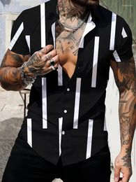 Men's Casual Shirts Black Striped Hawaiian Shirt -Casual Button Up With Short Sleeves For Daily Wear Vacation Outdoor