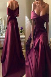 Off The Shoulder Burgundy Satin Evening Dresses Sexy Simple Formal Evening Dresses Dark Red Backless Prom Dresses Sweep Train1131143