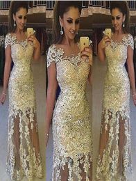 Light Gold Lace Prom Dresses Sheer Neck Cap Sleeves Tulle See Through Evening Gowns South African 2k18 Formal Party Dress Vestidos7359397