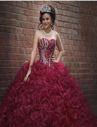 Burgundy Plus Size Ball Gown Sweet 16 Quinceanera Dresses Strapless Crystals Ruffles Organza Corset 2020 Girls Debutantes Masquera6787804