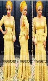 Nigerian Styles Yellow Sheer Neck Evening Dresses 2019 New 34 Long Sleeve Sexy Back Peplum Vintage Lace Applique Floor Length Par3865586