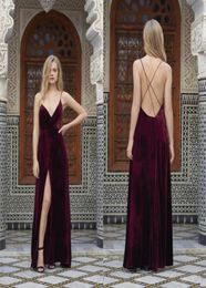 Cheap Burgundy Velvet Spaghetti Dresses Evening Wear 2017 Sexy Backless Criss Cross High Split Floor Length Prom Party Gowns EN1103669554