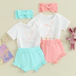 Clothing Sets 3PCS Baby Girls Easter Shorts Short Sleeve Letter Print Romper Tops Ruffle PP Headband Cute Clothes
