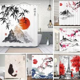 Shower Curtains Chinese Style Bathing Curtain Mountain Ink Painting Decorative Bathroom Waterproof Fabric Set With Hook