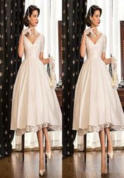 2020 Tea Length Generous Wedding Dresses Short Seeves V Neck Lace Satin Bridal Wedding Gowns Custom Made Plus Size Cheap Wedding P6195622