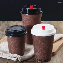 Disposable Cups Straws 100pc Coffee Cup Flower Pattern Thick Paper Drinks Juice Beverage Packaging Takeaway Packages With Lids