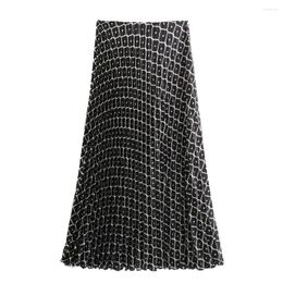 Skirts 2024ZAR Spring/Summer Women's European And American Style High Waist Retro Printed Midi Pleated Skirt Half