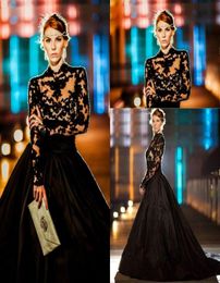 Gorgeous Evening Dresses High Neck Long Sleeves Lace Taffeta Ball Gown Prom Dresses Modest Black Celebrity Dress Sweep Train7198977