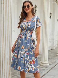 Party Dresses Women Summer Casual Retro Blue Red Floral Print Chiffon Dress Female V-neck Short-sleeved A-line Beach Long Robe