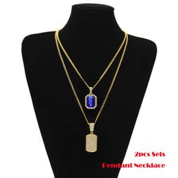 2pcs Sets Pendant Black Red Blue Gemstone & Big Rhinestones Dog Tag Cuban Chain Two Necklace Men Women HipHop Jewellery 2 Necklaces 270J