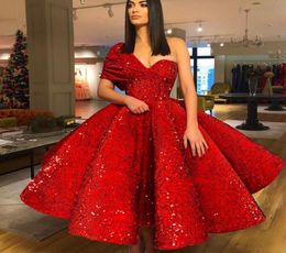 Sparkling One Shoulder Prom Dress Luxury Red Sequined Short Sleeve Celebrity Party Dress Sexy Ankle Length Formal Ball Gown Evenin2843377