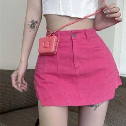 Skirts 2024 Women's Summer Rose Red Skirt Irregular High-waisted Package Hip Sexy White Denim Y2k High Waist Jean Mini