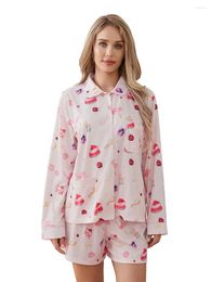 Home Clothing Women 2 Piece Floral Pyjamas Set Y2k Long Sleeve Button Down Shirt Side Split Shorts Sleepwear