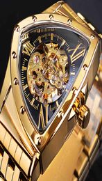 Forsining Men Skeleton Automatic Mechanical Watch Gold Vine Man Watch Triangle Wristwatches Luxury Irregular Clock Black Dial5405322