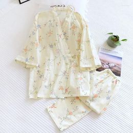 Home Clothing Flower Printing Kimono Robes Set For Spring And Summer Thin Fresh Pyjama Two-piece Long Sleeved Casual Wear Clothes