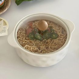 Bowls Instant Noodles Bowl Pure White Glass Cover Simple Circular Niche Ceramic Tableware Double Ear Soup