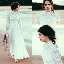 Dresses Boho High Neck Long Sleeves Wedding Dresses 2018 Lace Chiffon Empire Waist Ankle Length Beach Wedding Gown