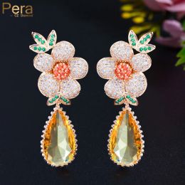 Earrings Pera Expensive 585 Gold Colour Shiny Yellow CZ Luxury Wedding Jewellery Long Big Flower Charm Water Drop Earrings for Brides E848