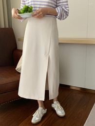 Skirts SML 2Colors Split Long Skirt Women 2024 Spring Ankle Length Empire Chic High Waist Pleated Female(XTB0713