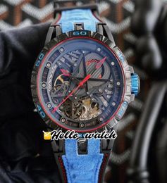 New Excalibur Spider RDDBEX0686 Double Tourbillon Automatic Mens Watch Skeleton Diala Crystal Carbon Steel Case Blue Leather Hello4835772