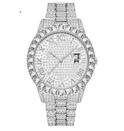MISSFOX European Hip Hop Full Diamond Mens Watches Bracelet Quartz Calendar Mineral Hardlex Mirror Wrist Watch Manufacturers Direc7232107